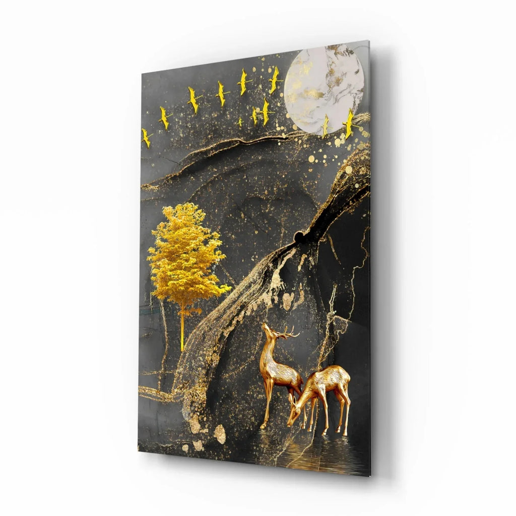 Golden Tree and Gazelles Glass Wall Art - LUXARTDECO
