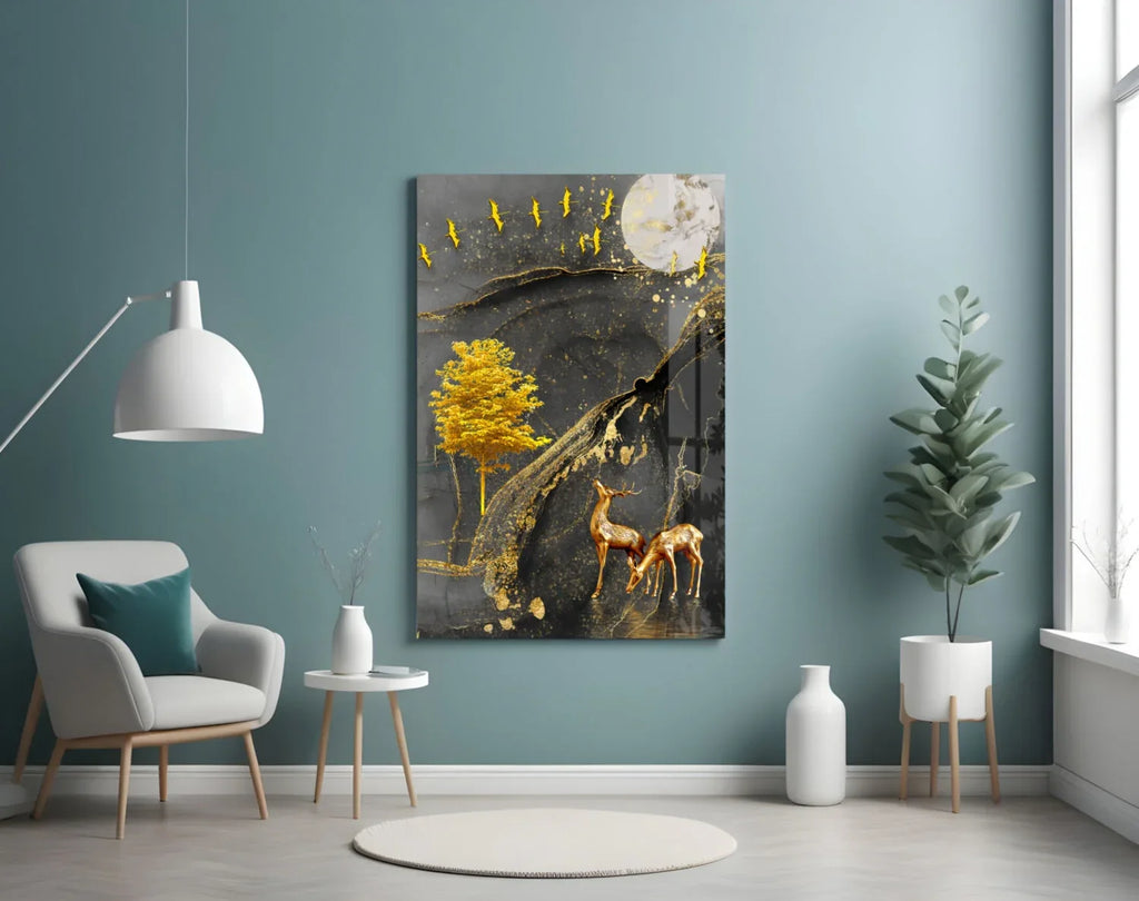 Golden Tree and Gazelles Glass Wall Art - LUXARTDECO