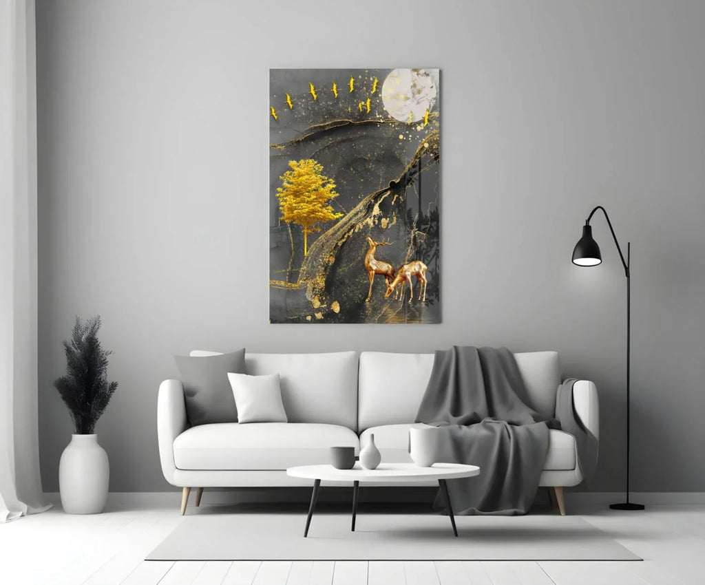 Golden Tree and Gazelles Glass Wall Art - LUXARTDECO