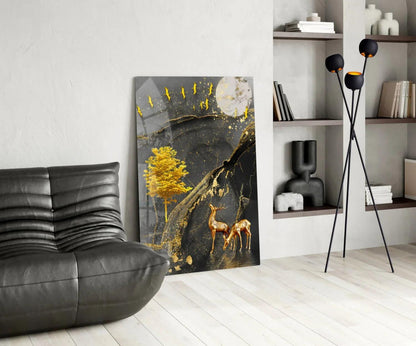 Golden Tree and Gazelles Glass Wall Art - LUXARTDECO