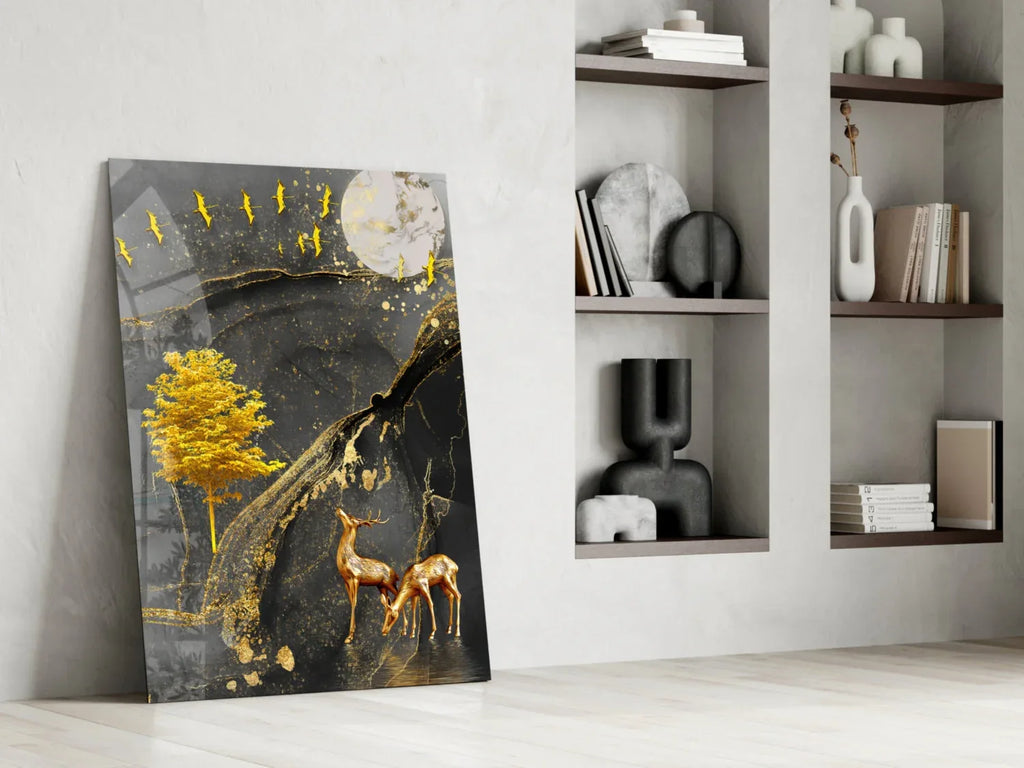 Golden Tree and Gazelles Glass Wall Art - LUXARTDECO