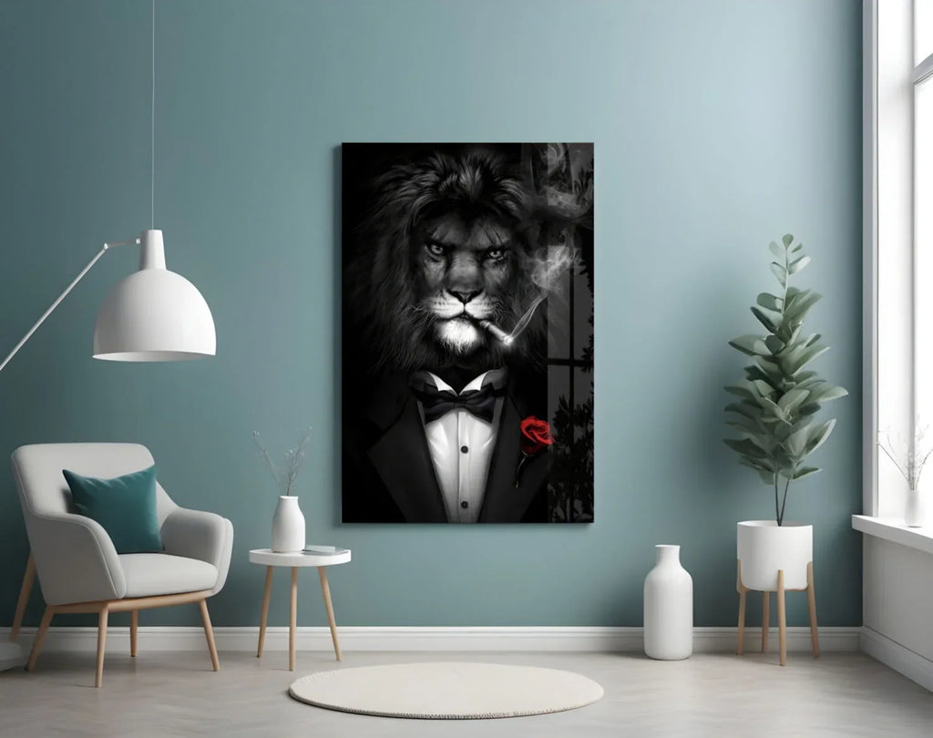 Lion as a Gentleman Glass Wall Art - LUXARTDECO