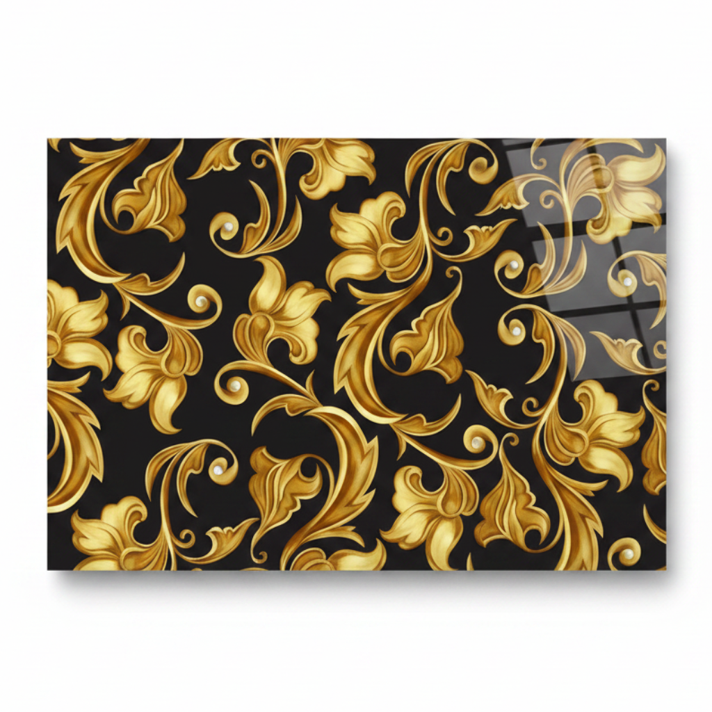  Fleurs et Feuilles Dorées Tableau en Verre Trempé