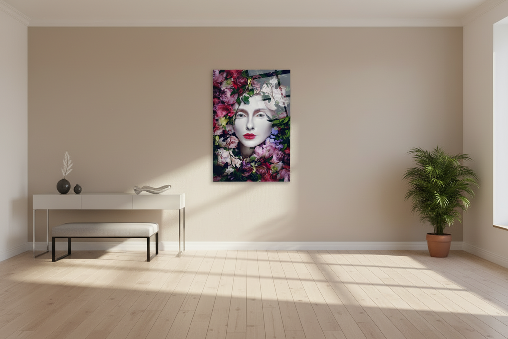 Femme à la couronne de fleurs Tableau mural en verre