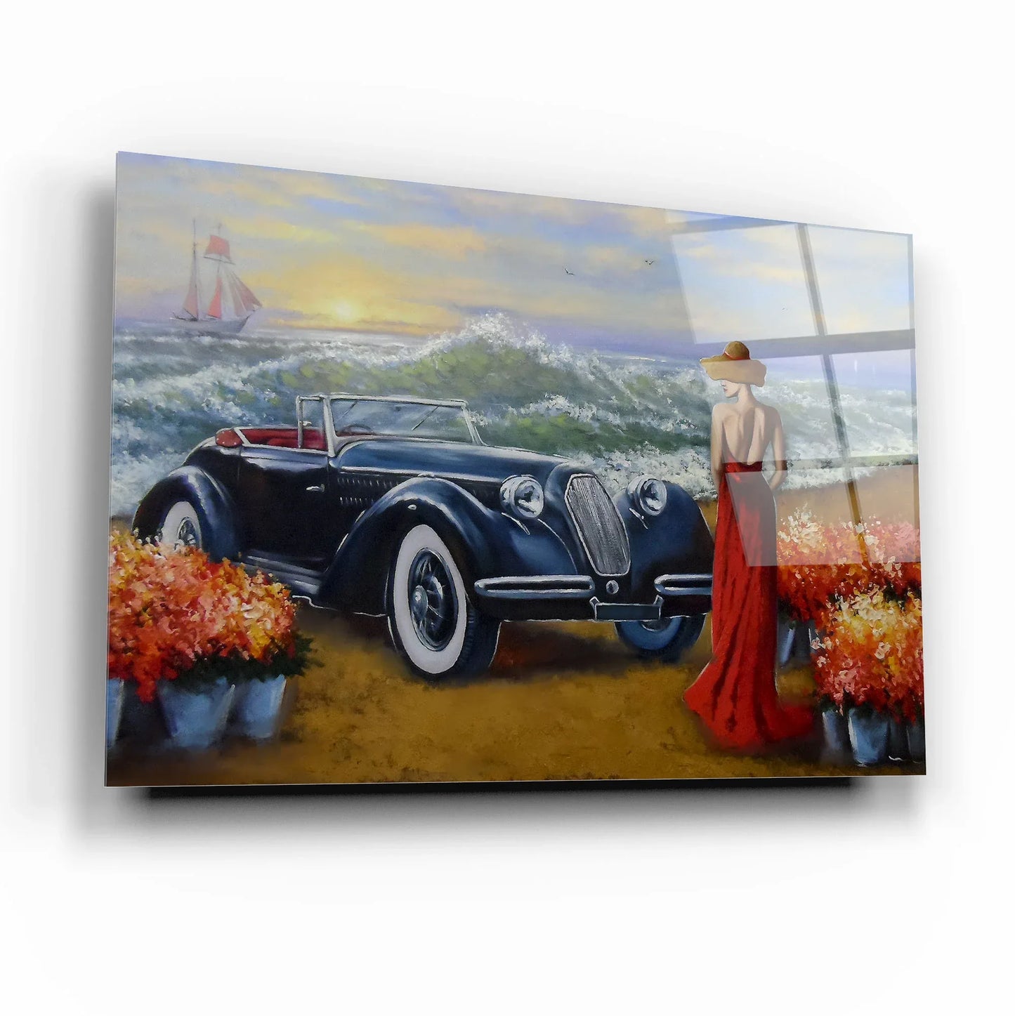 Vintage Car by the Sea Glass Wall Art - LUXARTDECO