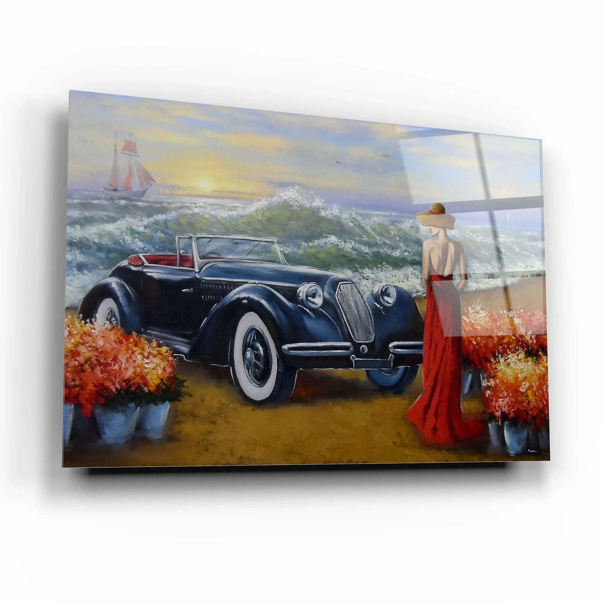 Vintage Car by the Sea Glass Wall Art - LUXARTDECO