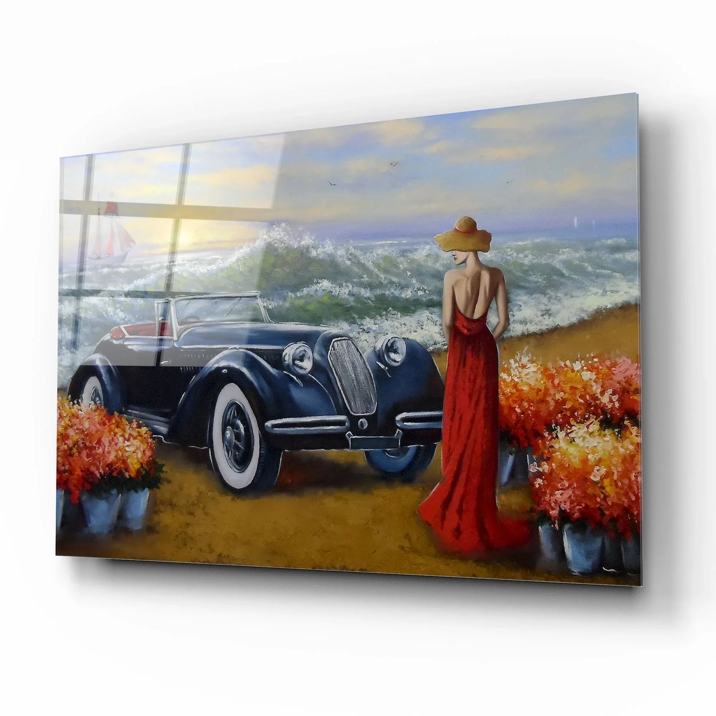 Vintage Car by the Sea Glass Wall Art - LUXARTDECO