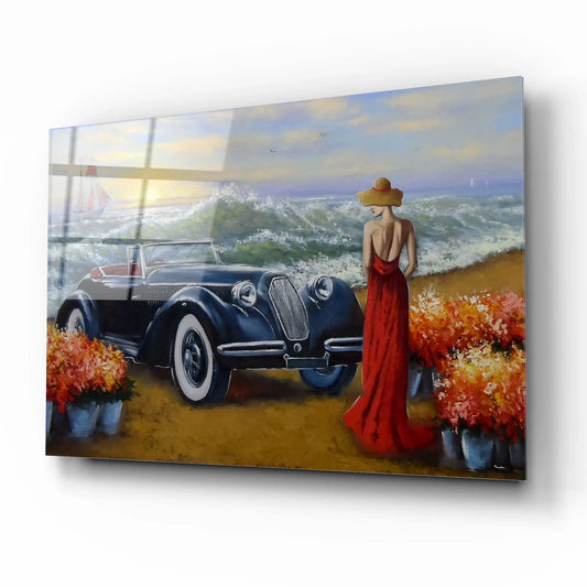 Vintage Car by the Sea Glass Wall Art - LUXARTDECO