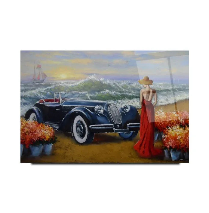 Vintage Car by the Sea Glass Wall Art - LUXARTDECO
