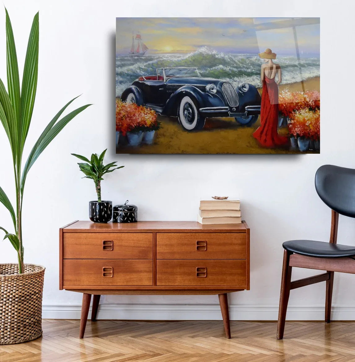 Vintage Car by the Sea Glass Wall Art - LUXARTDECO