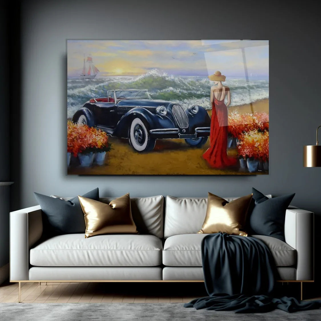 Vintage Car by the Sea Glass Wall Art - LUXARTDECO