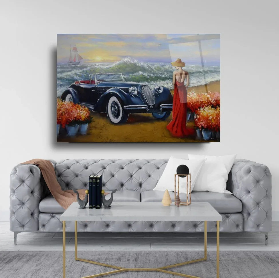 Vintage Car by the Sea Glass Wall Art - LUXARTDECO