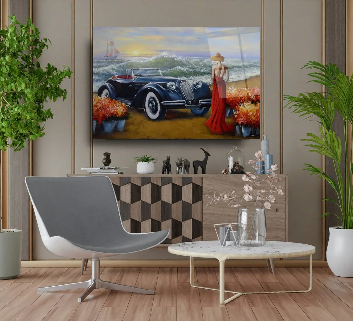Vintage Car by the Sea Glass Wall Art - LUXARTDECO