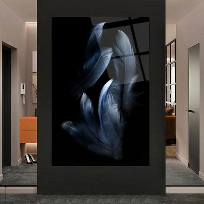 Blue Feather Glass Wall Art - LUXARTDECO