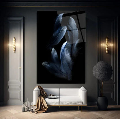 Blue Feather Glass Wall Art - LUXARTDECO