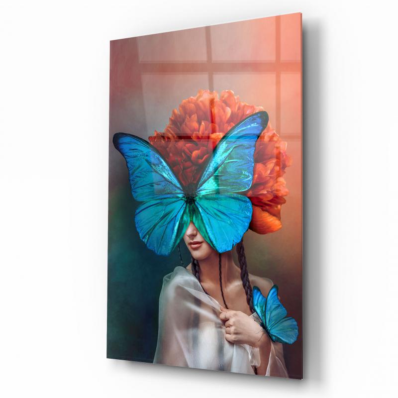 Farfalla e Donna Quadro in Vetro Temperato