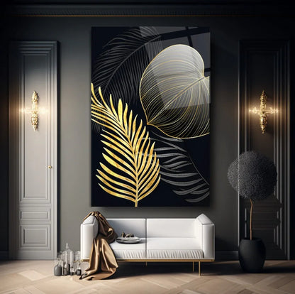 Golden Leaves Glass Wall Art - LUXARTDECO