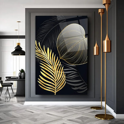 Golden Leaves Glass Wall Art - LUXARTDECO