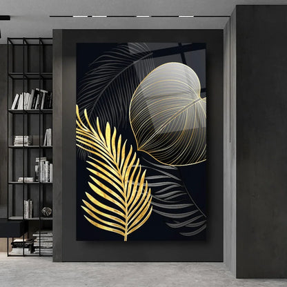Golden Leaves Glass Wall Art - LUXARTDECO