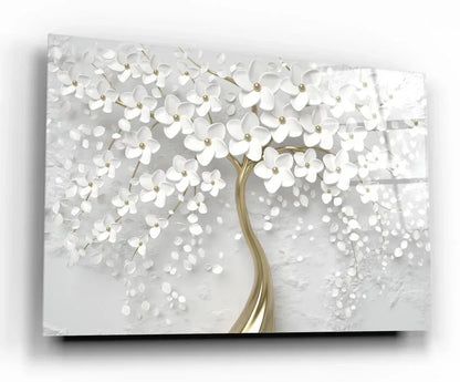 White Flower Tree Glass Wall Art - LUXARTDECO