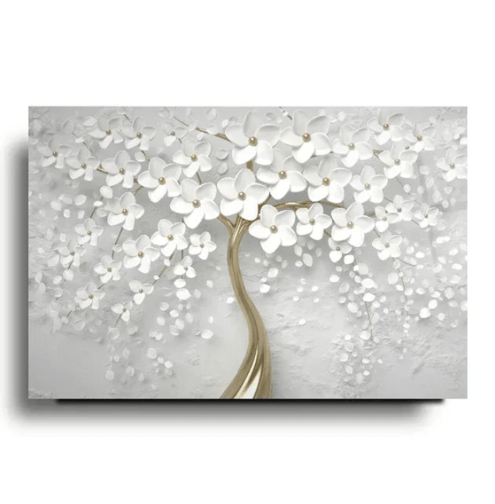 Albero con Fiori in Bianco Quadro in Vetro Temperato