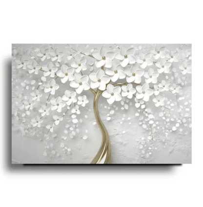 Albero con Fiori in Bianco Quadro in Vetro Temperato