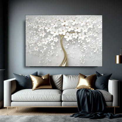 White Flower Tree Glass Wall Art - LUXARTDECO