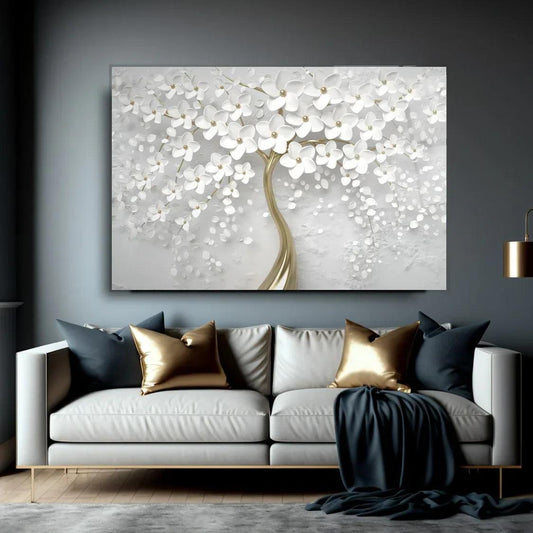 White Flower Tree Glass Wall Art - LUXARTDECO