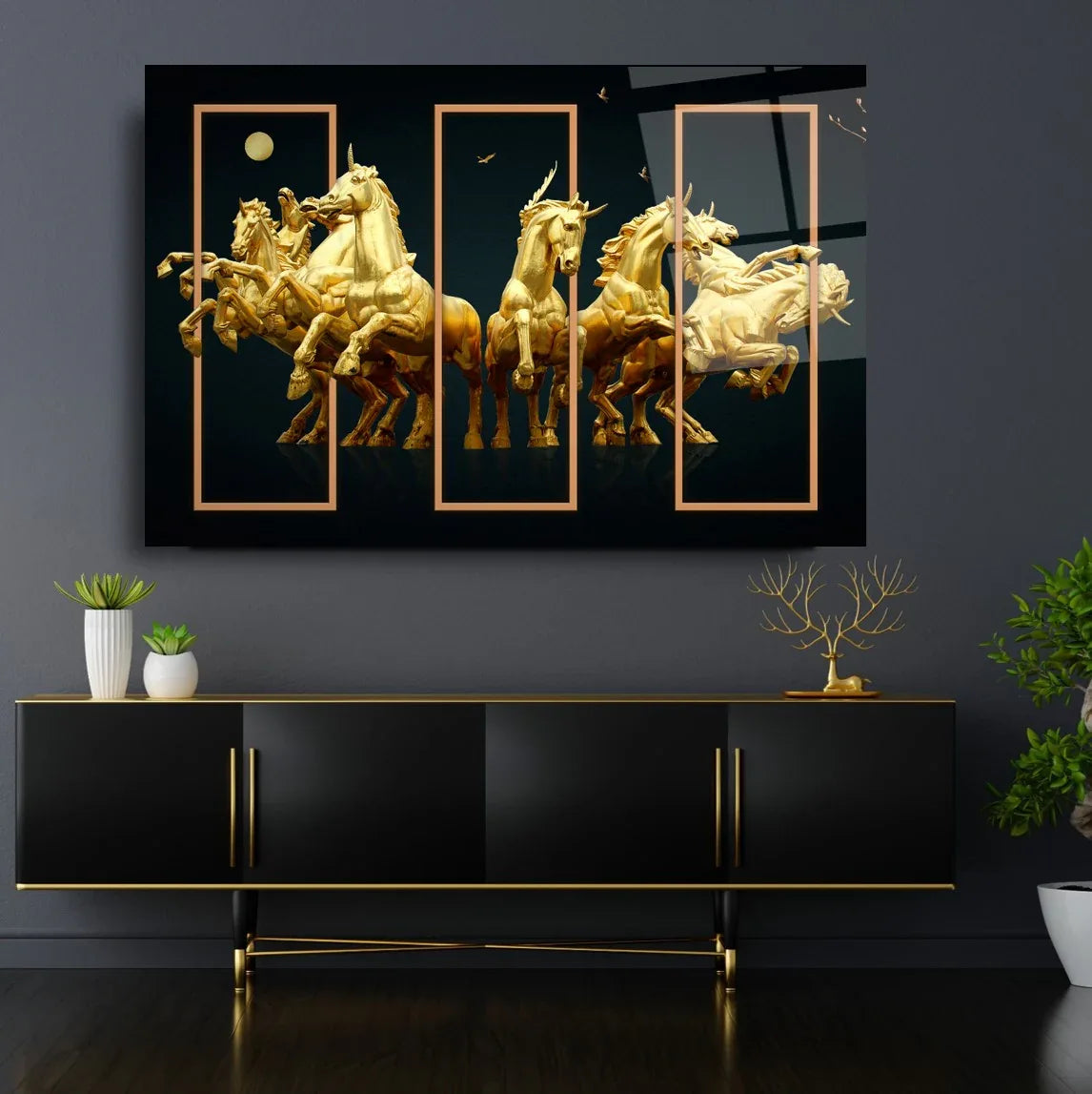 Gold Horses Glass Wall Art - LUXARTDECO