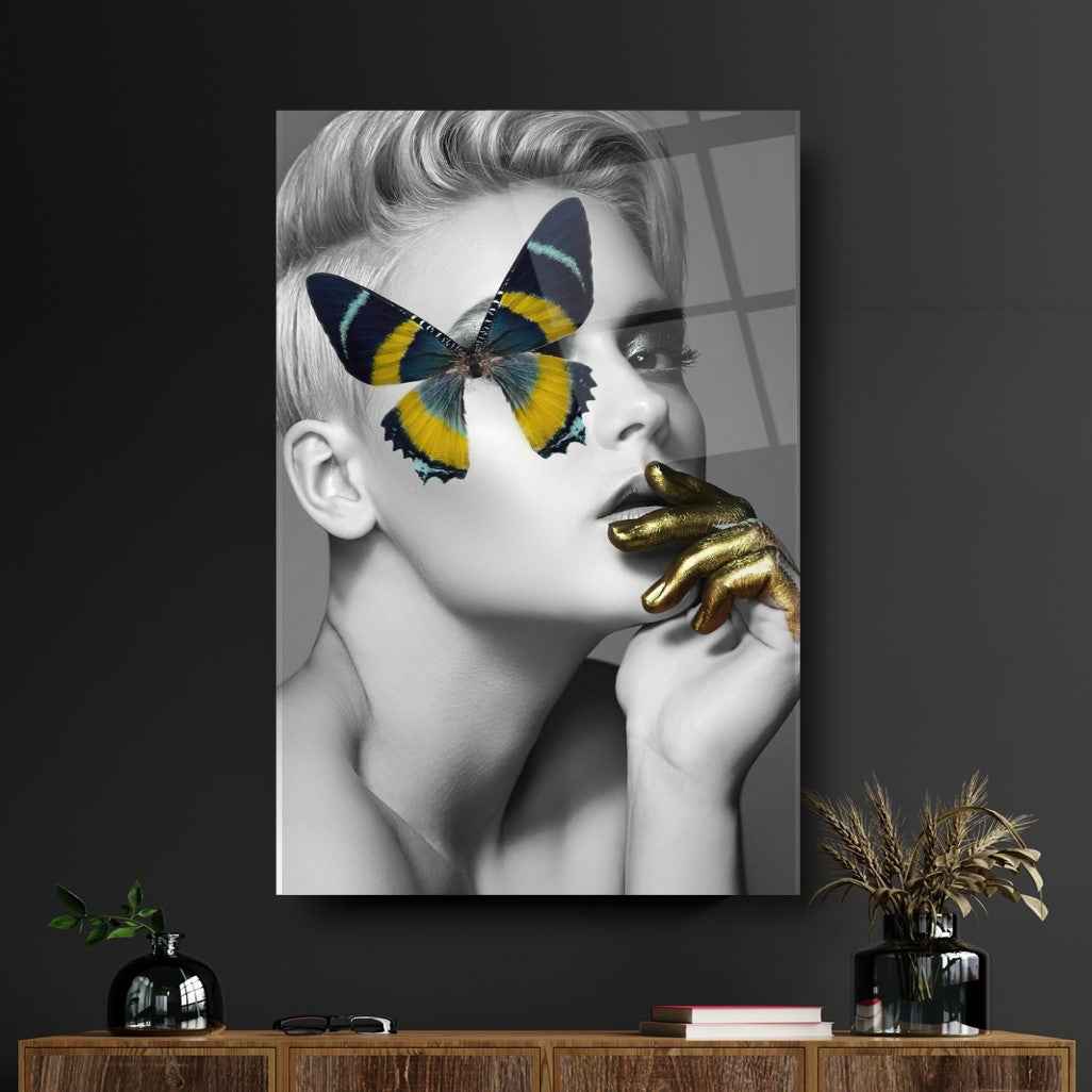Woman & Butterfly Glass Wall Art