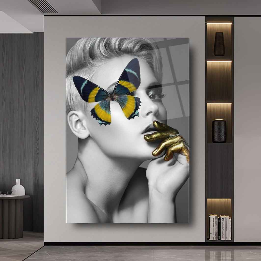 Woman & Butterfly Glass Wall Art
