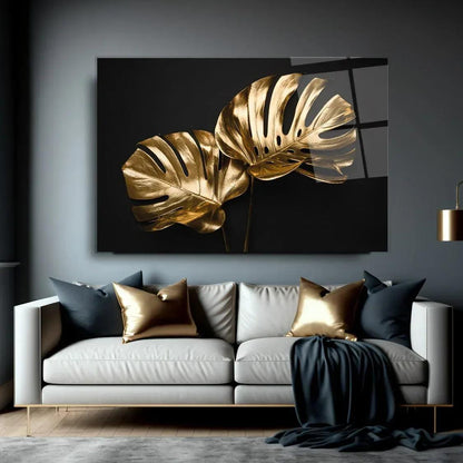 Gold Leaves Glass Wall Art - LUXARTDECO