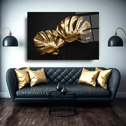 Gold Leaves Glass Wall Art - LUXARTDECO