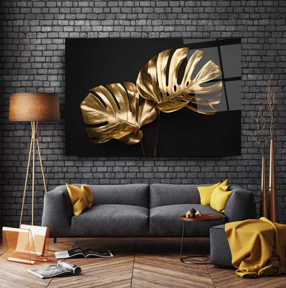 Gold Leaves Glass Wall Art - LUXARTDECO