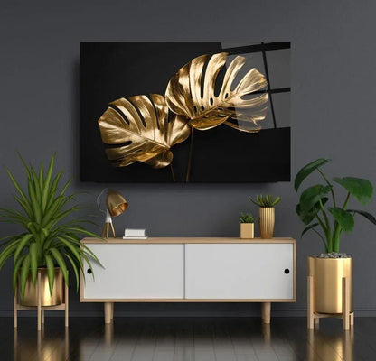 Gold Leaves Glass Wall Art - LUXARTDECO