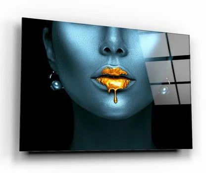 Golden Lips Glass Wall Art - LUXARTDECO