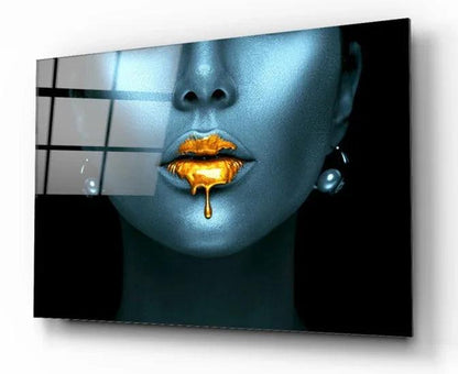 Golden Lips Glass Wall Art - LUXARTDECO