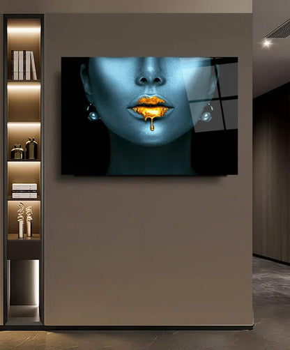 Golden Lips Glass Wall Art - LUXARTDECO