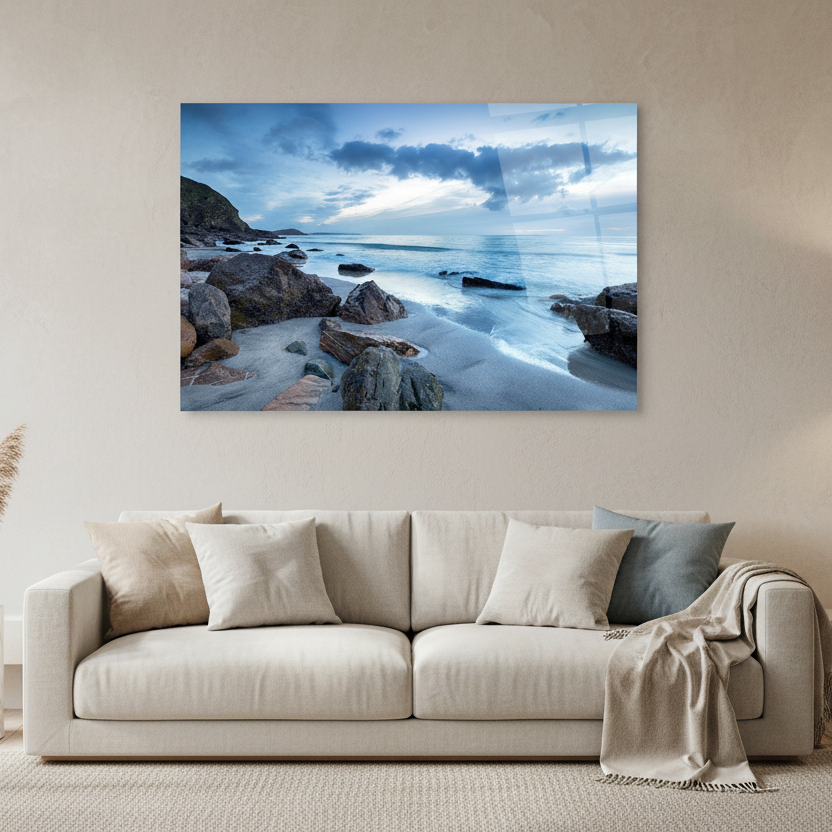 Plage de Galets Tableau en Verre Trempé