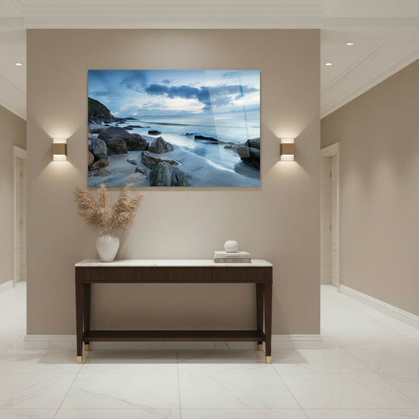 Plage de Galets Tableau en Verre Trempé