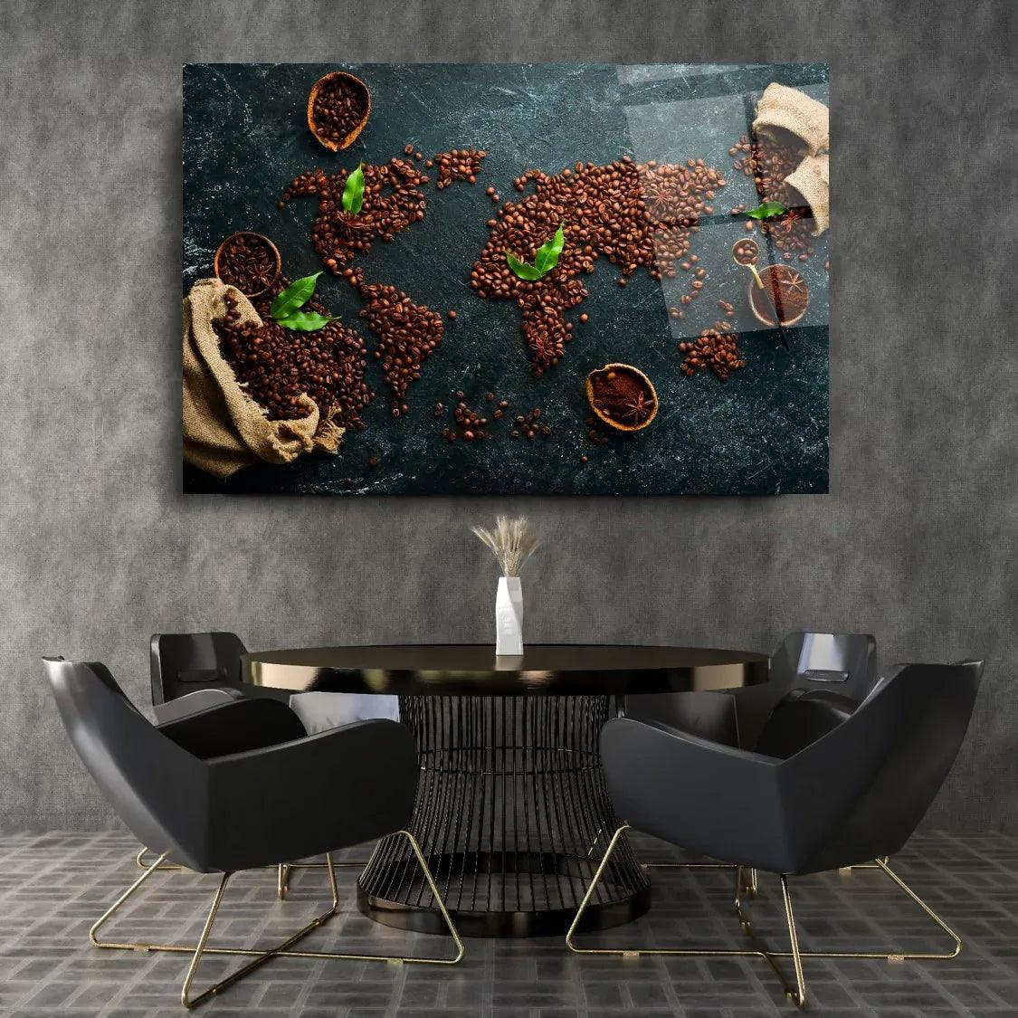Coffee World Map Glass Wall Art - LUXARTDECO