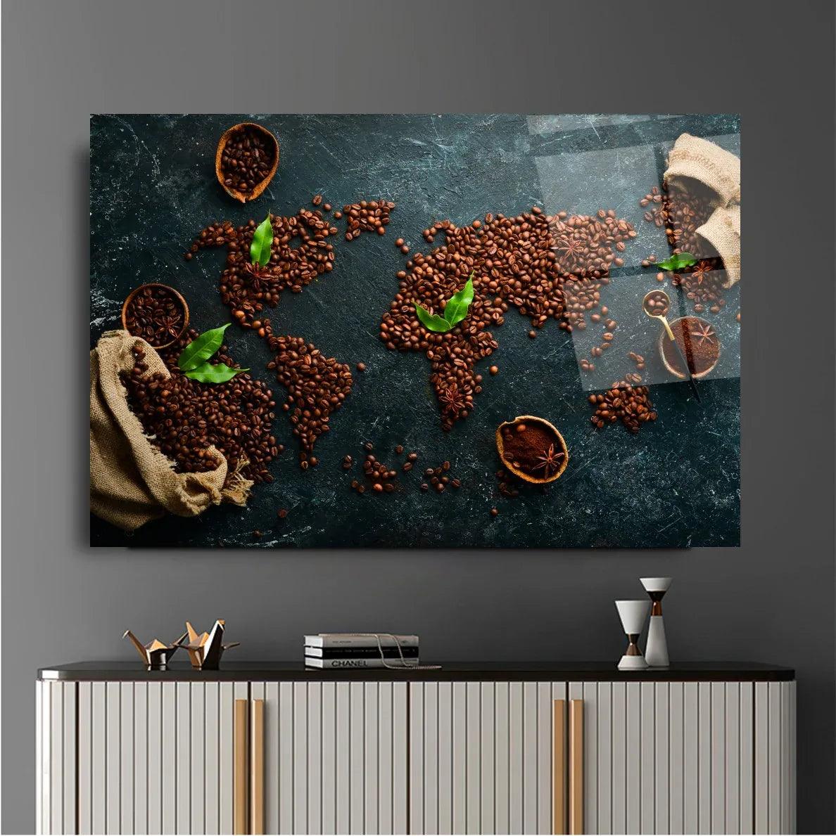 Coffee World Map Glass Wall Art - LUXARTDECO