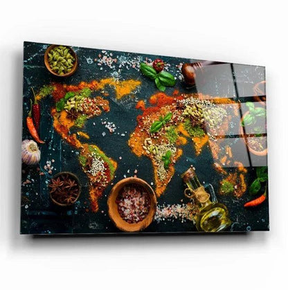 Spices World Map Glass Wall Art - LUXARTDECO