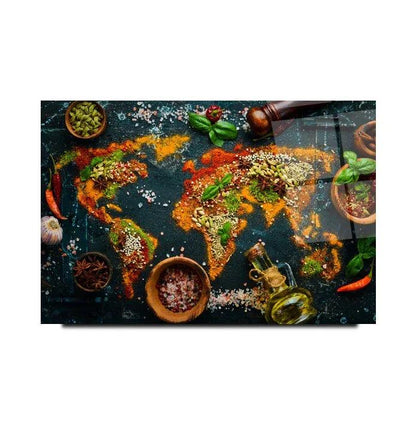 Spices World Map Glass Wall Art - LUXARTDECO