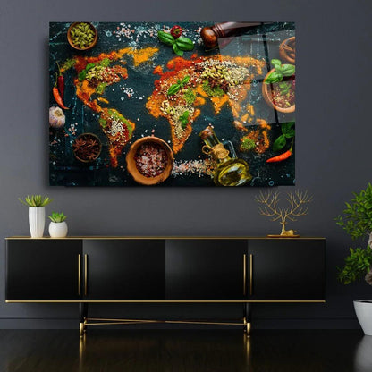 Spices World Map Glass Wall Art - LUXARTDECO