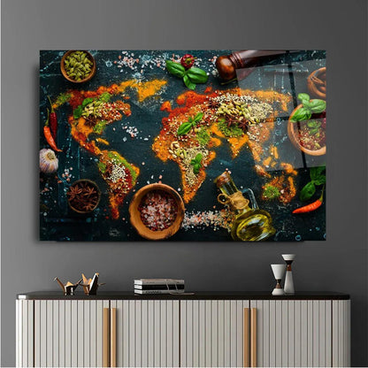 Spices World Map Glass Wall Art - LUXARTDECO