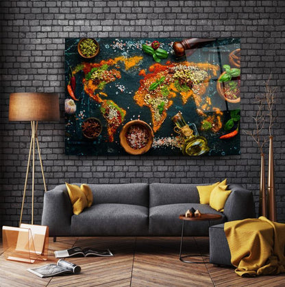 Spices World Map Glass Wall Art - LUXARTDECO
