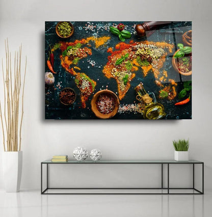 Spices World Map Glass Wall Art - LUXARTDECO