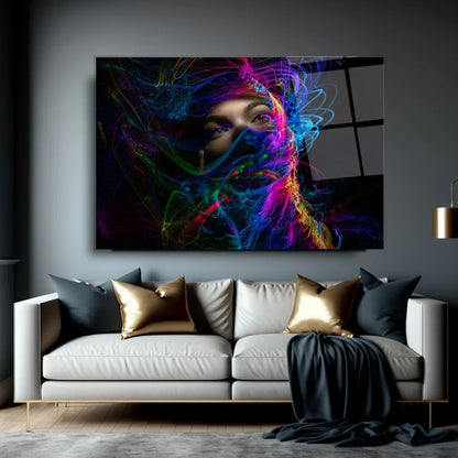 Neon Woman Face Glass Wall Art - LUXARTDECO
