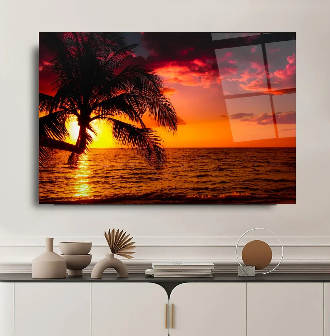 Sunset Palm Glass Wall Art - LUXARTDECO